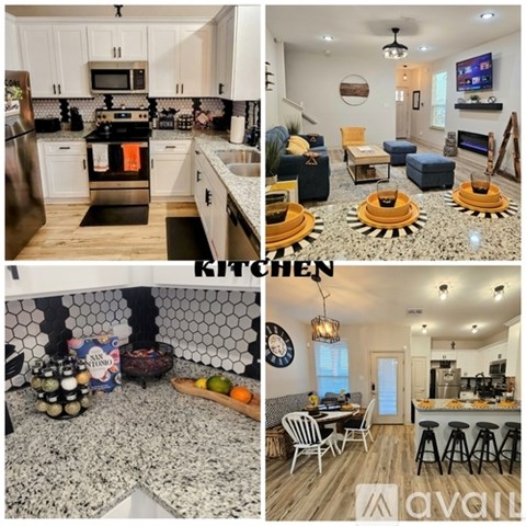 A kitchen with a black and white checkered backsplash and a dining area with a table and chairs.