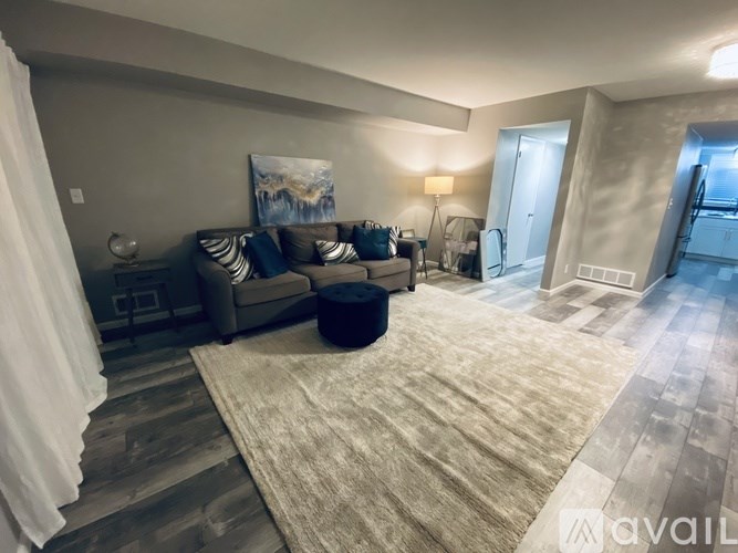 A living room with a grey couch and a rug.