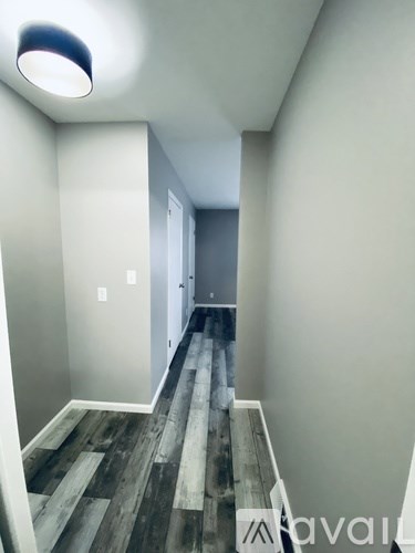 A hallway with wood flooring and a light on the ceiling.