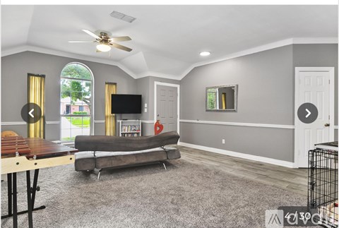 A living room with a grey couch and a television.