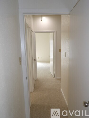 A hallway with a carpeted floor and white walls.