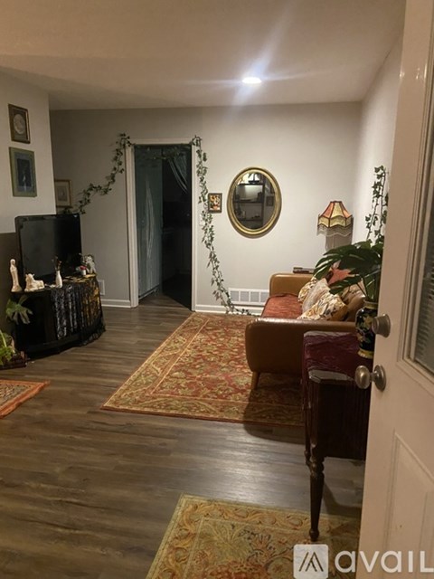 A living room with a red rug and a brown chair.