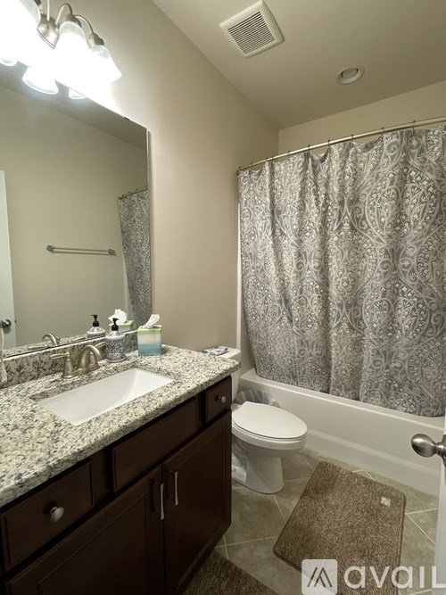 A bathroom with a sink, toilet, and shower curtain.