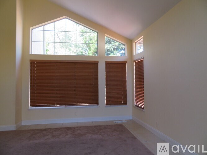 A room with a carpeted floor and two windows with blinds.