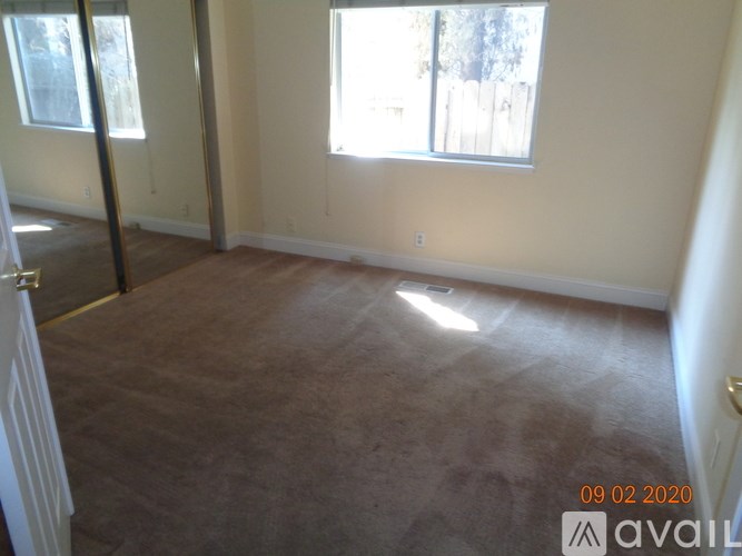 A room with a carpeted floor and two windows.
