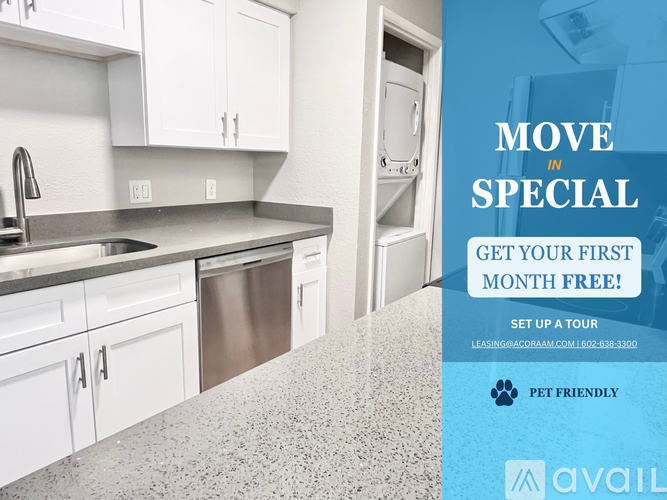 A kitchen with a promotion for a free first month for moving in.