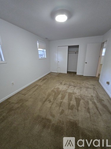 A room with a carpeted floor and a door in the background.