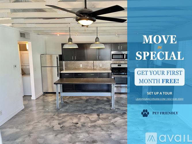 A promotional image for a special offer on a property, featuring a kitchen area with a stove, oven, and refrigerator.