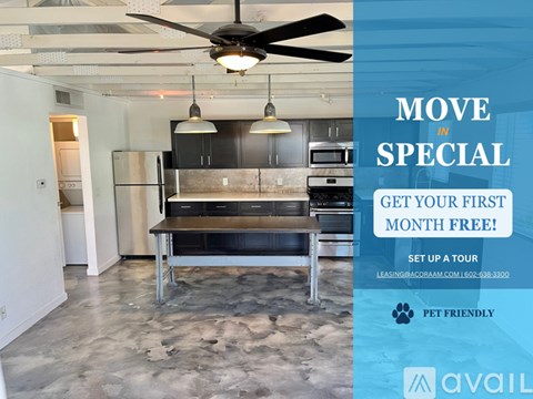 A promotional image for a special offer on a property, featuring a kitchen area with a stove, oven, and refrigerator.