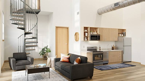 A modern living room with a spiral staircase.