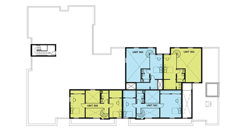 A floor plan of an apartment complex with four units.