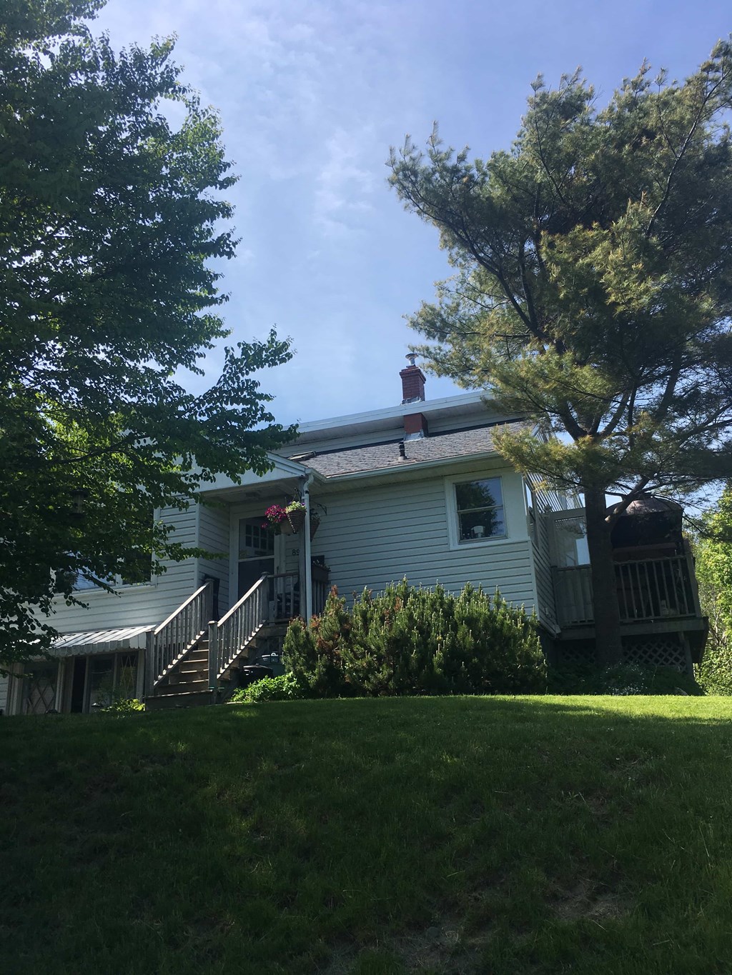 A house with a grey siding and a red roof is surrounded by greenery.