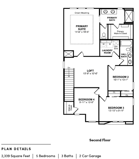 A floor plan of a home with a primary suite and five bedrooms.