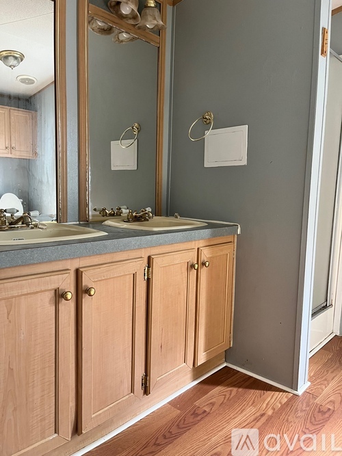 A bathroom with wooden cabinets and a mirror above the sink.