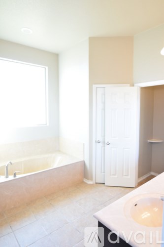 A spacious room with a ceiling fan and large windows.