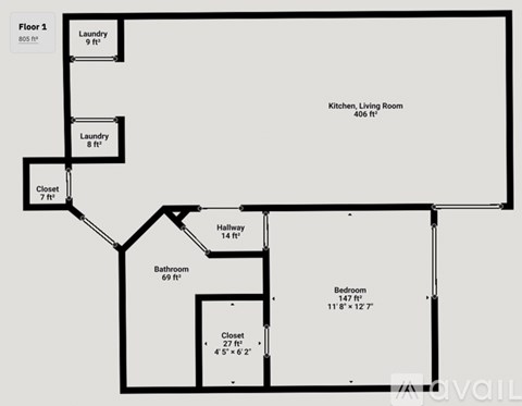 A floor plan of a house with a laundry room, closet, bathroom, and bedroom.