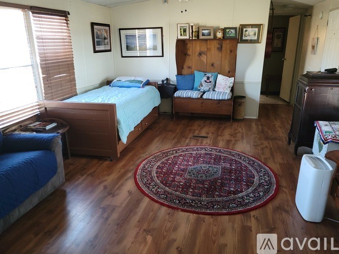 A bedroom with a bed, a couch, a rug, and pictures on the wall.