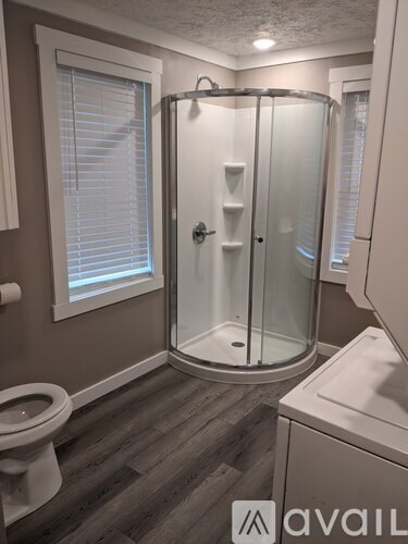 A bathroom with a toilet, sink, and walk-in shower.