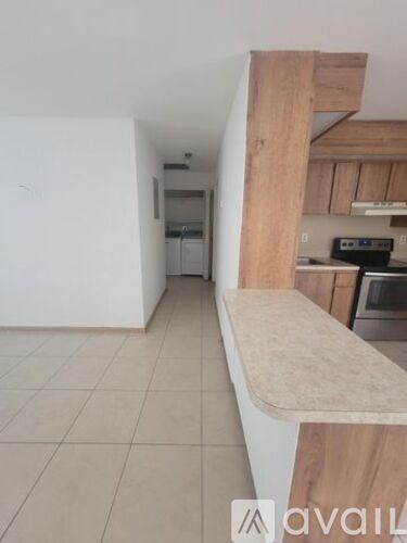 A kitchen with a counter and cabinets.