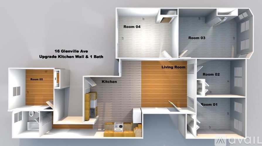 A floor plan of a one bedroom apartment with a kitchen and living room.