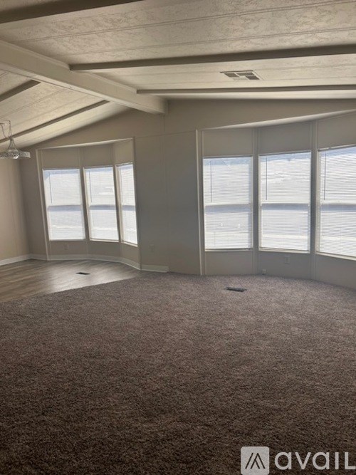 A room with a carpeted floor and large windows.
