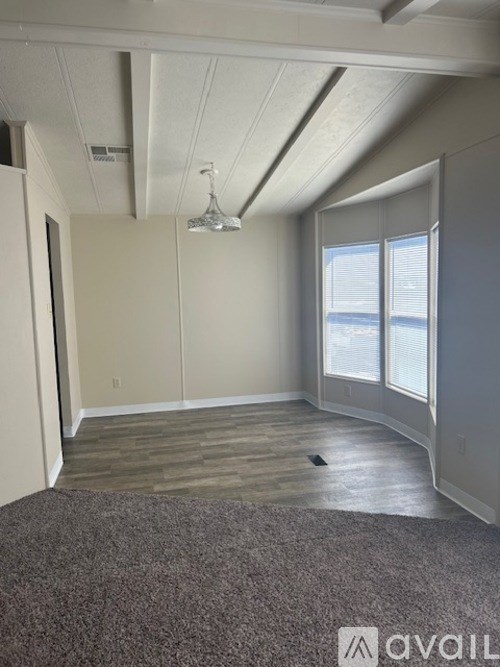 A room with a grey carpet and a window with blinds.