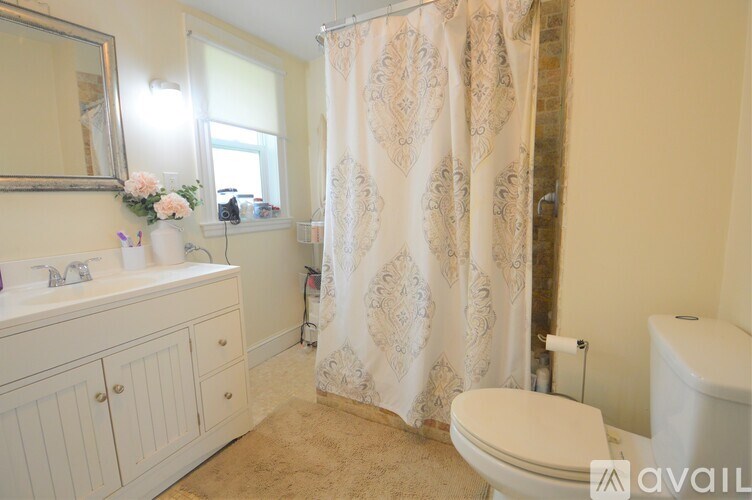 A bathroom with a toilet, sink, and shower curtain.