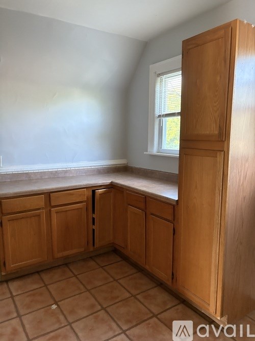 A kitchen with wooden cabinets and a window.