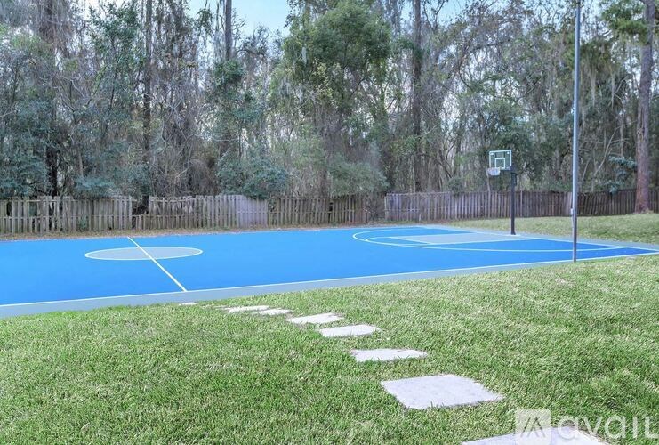 A basketball court with a blue surface and white lines is surrounded by a grassy area and trees.