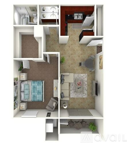 A 3D floor plan of a small apartment with a kitchen, living room, and bathroom.