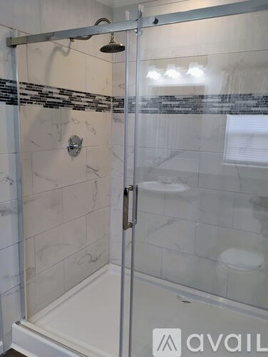 A shower with a glass door and a black and white tile wall.