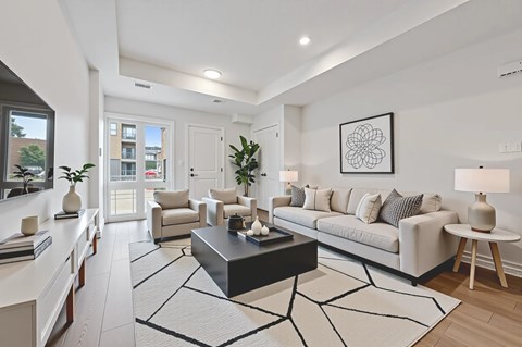 A modern living room with a black coffee table and a large rug.