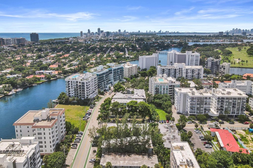 A cityscape with buildings, a river, and a clear sky.