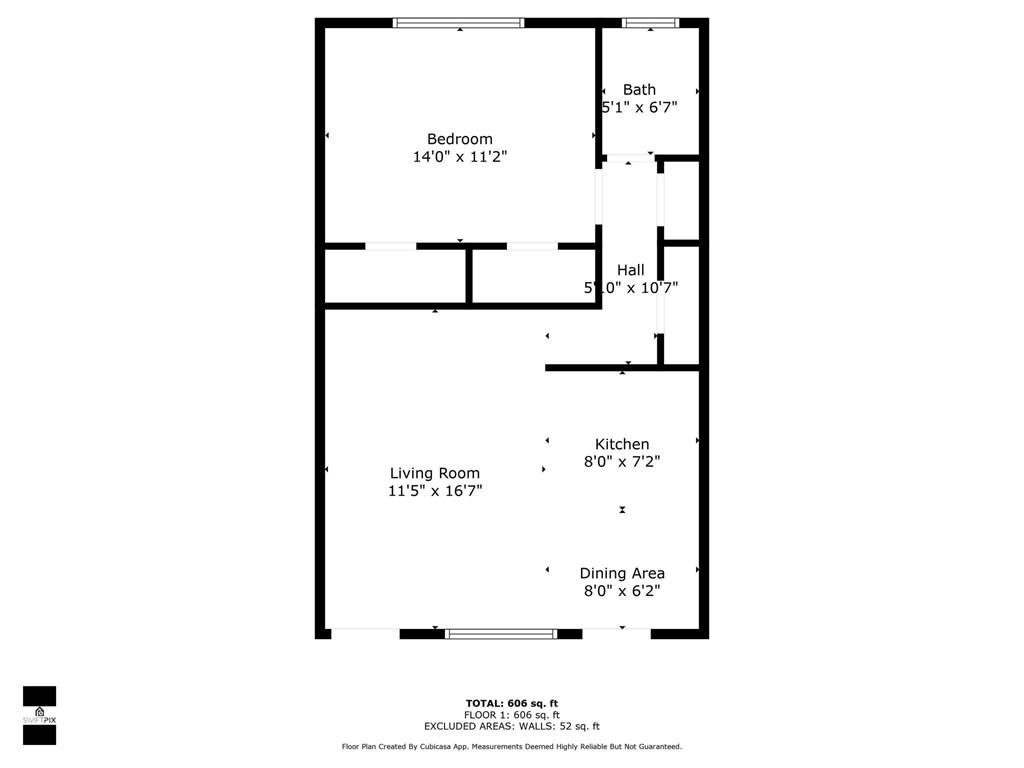 A black and white image of a floor plan for a home with a living room, dining area, kitchen, bath, and two bedrooms.