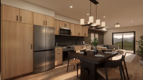 A modern kitchen with wooden cabinets and stainless steel appliances.