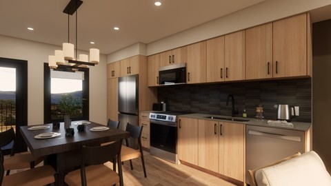 A modern kitchen with wooden cabinets and a black countertop.