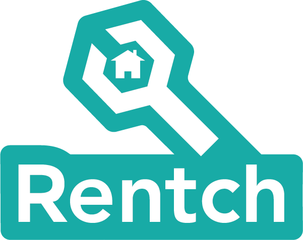 A logo with a magnifying glass and a house inside it, and the word "Rentch" below it.