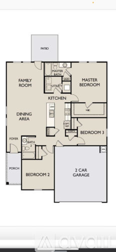 A floor plan of a house with a garage and three bedrooms.