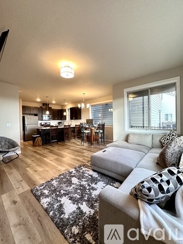 A living room with a grey couch and a black and white rug.