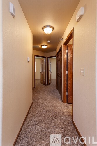 A hallway with a carpeted floor and a door on the right side.