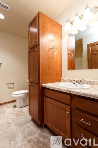 A wooden medicine cabinet with a toilet and sink in a bathroom.
