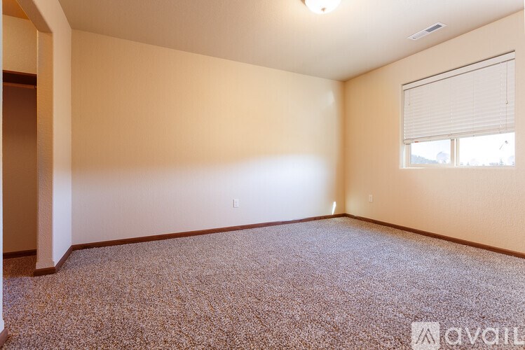 A carpeted room with a window and a door.