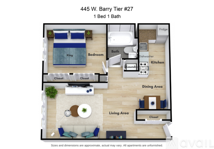 A floor plan of a 1 bedroom apartment with a living area, dining area, kitchen, and bathroom.