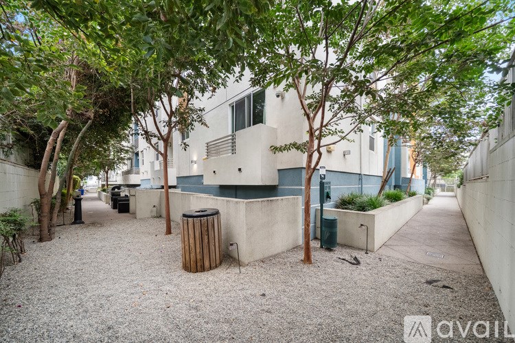A gravel courtyard surrounded by trees and a building in the background.
