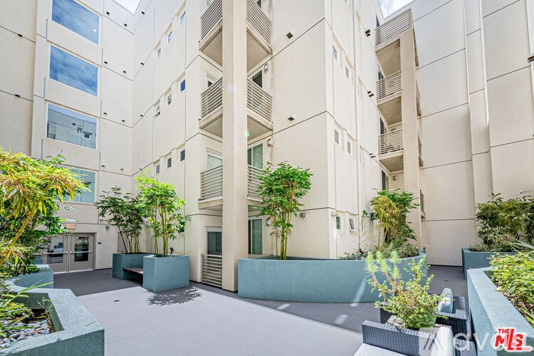 A courtyard surrounded by buildings with trees and plants.