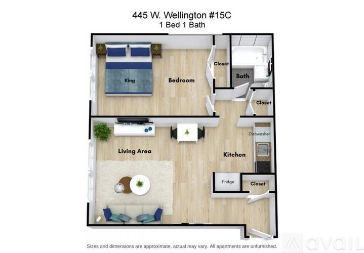 A floor plan of a one bedroom apartment with a living area and kitchen.