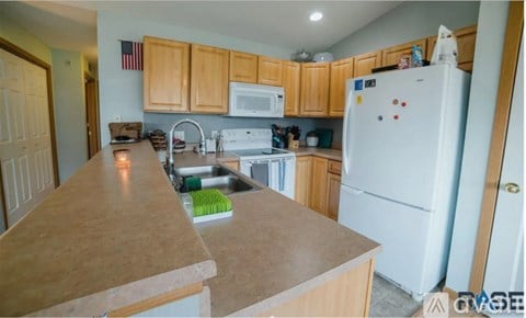 A kitchen with a white refrigerator and wooden cabinets.