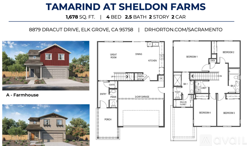 A red house with a white fence and a floor plan of a house with four bedrooms.