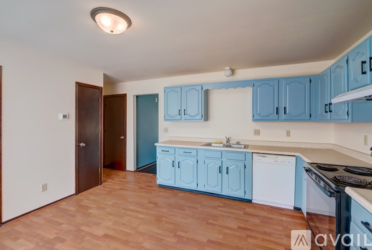 A kitchen with blue cabinets and a white dishwasher.
