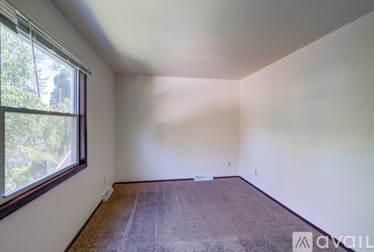 A room with a carpeted floor and a window letting in natural light.